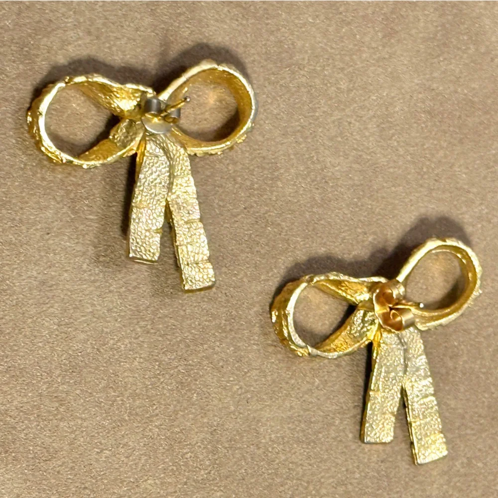 Elegant Gold Bow Earrings - Picture 2 of 2